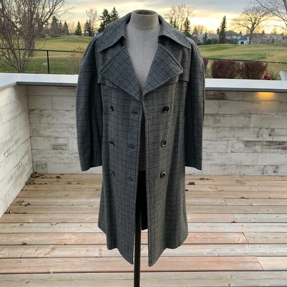 Vintage Wool Tweed Houndstooth Plaid Double Breasted Belted Trench Coat Overcoat - Picture 4 of 16